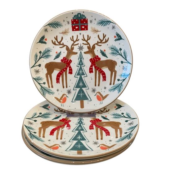 Prima Design WOODLAND CHRISTMAS DEER Ceramic Salad Plate 8.5in Set of 3 New - Picture 9 of 11
